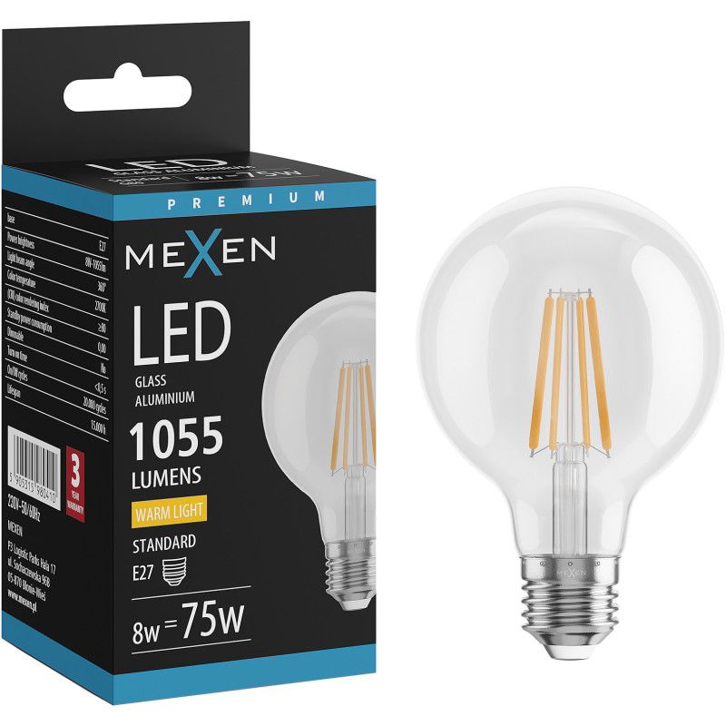 Mexen Vintis Žárovka filament LED E27, G80, 8W, Teplá - 2700K, 1055 lm, čirá - L155-E27-0827-00