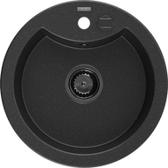 Mexen Diego granitový dřez 1-komorový 488 x 480 mm, černý/stříbrný metalik, černý sifon - 6512481000-73-B