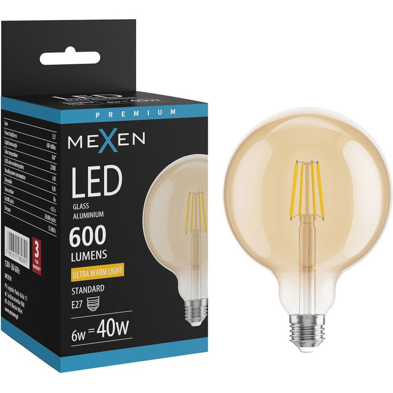 Mexen Vintis LED vlákno žárovka E27, G125, 6W, Teplá - 2200K, 600 lm, jantarová - L158-E27-0622-50
