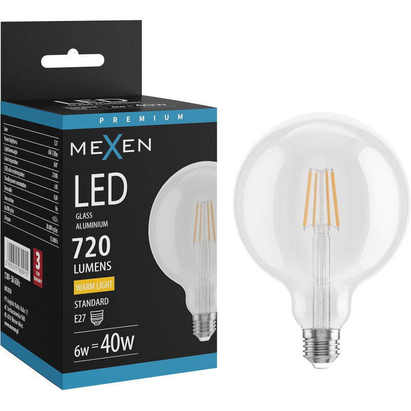 Mexen Vintis Žárovka filament LED E27, G125, 6W, Teplá - 2700K, 720 lm, čirá - L158-E27-0627-00