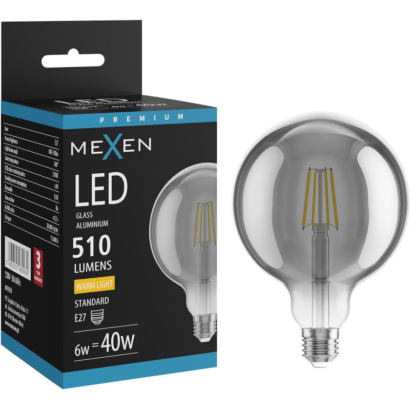 Mexen Vintis Žárovka filament LED E27, G125, 6W, Teplá - 2700K, 510 lm, kouřová - L158-E27-0627-70