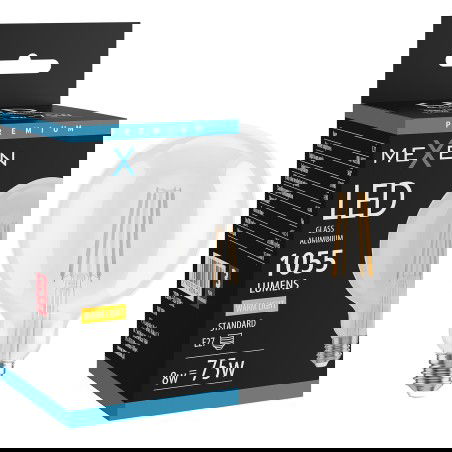 Mexen Vintis LED žárovka s vláknem E27, G125, 8W, Teplá - 2700K, 1055 lm, čirá - L158-E27-0827-00