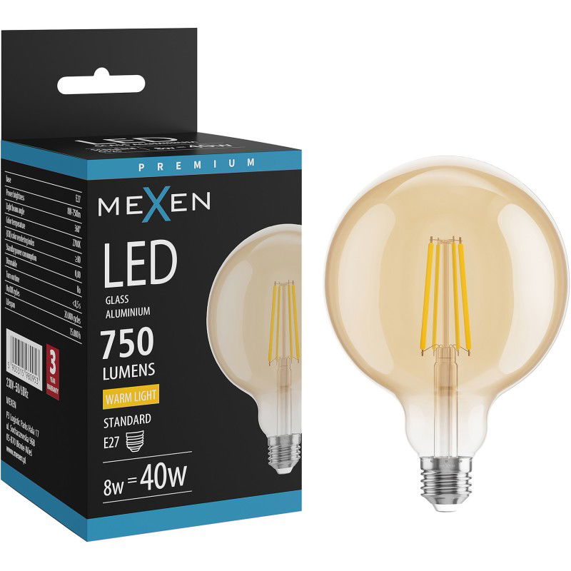 Mexen Vintis LED vlákno žárovka E27, G125, 8W, Teplá - 2700K, 750 lm, jantarová - L158-E27-0827-50