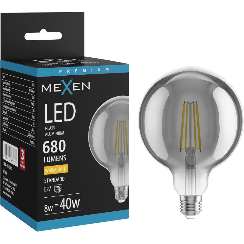 Mexen Vintis LED žárovka filament E27, G125, 8W, Teplá - 2700K, 680 lm, kouřová - L158-E27-0827-70