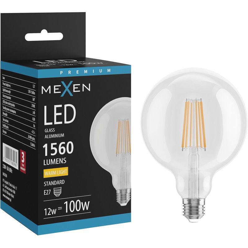 Mexen Vintis LED vlákno žárovka E27, G125, 12W, Teplá - 2700K, 1560 lm, čirá - L158-E27-1227-00