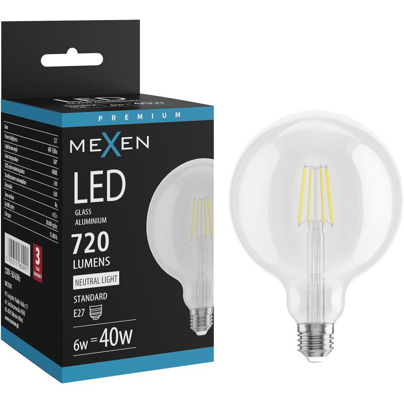 Mexen Vintis LED filamentová žárovka E27, G125, 6W, Neutrální - 4000K, 720 lm, čirá - L158-E27-0640-00