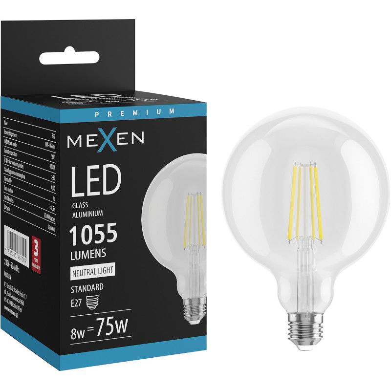 Mexen Vintis LED filamentová žárovka E27, G125, 8W, Neutrální - 4000K, 1055 lm, čirá - L158-E27-0840-00