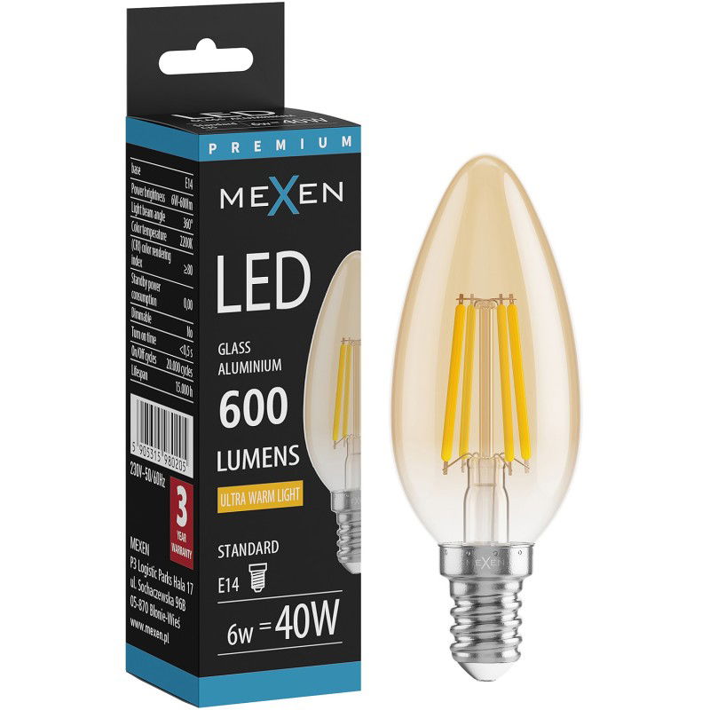 Mexen Vintis Žárovka filament LED E14, C35, 6W, Teplá - 2200K, 600 lm, jantarová - L154-E14-0622-50