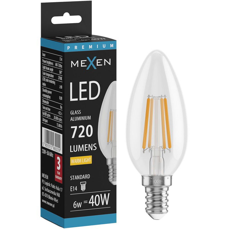 Mexen Vintis LED filamentová žárovka E14, C35, 6W, Teplá - 2700K, 720 lm, čirá - L154-E14-0627-00