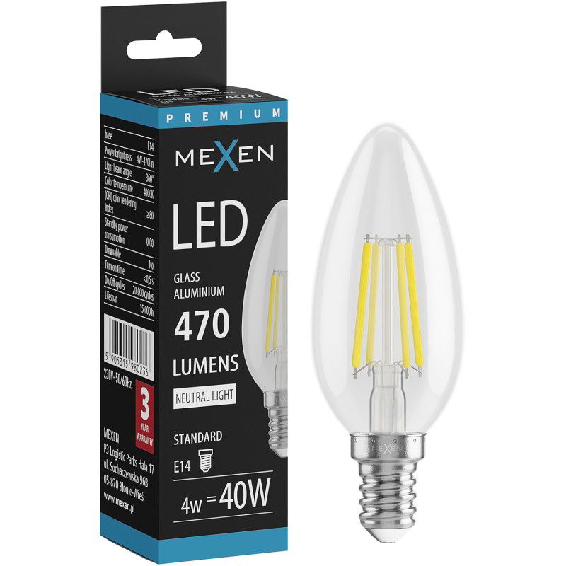 Mexen Vintis LED žárovka filament E14, C35, 4W, Neutrální - 4000K, 470 lm, čirá - L154-E14-0427-00 - L154-E14-0440-00
