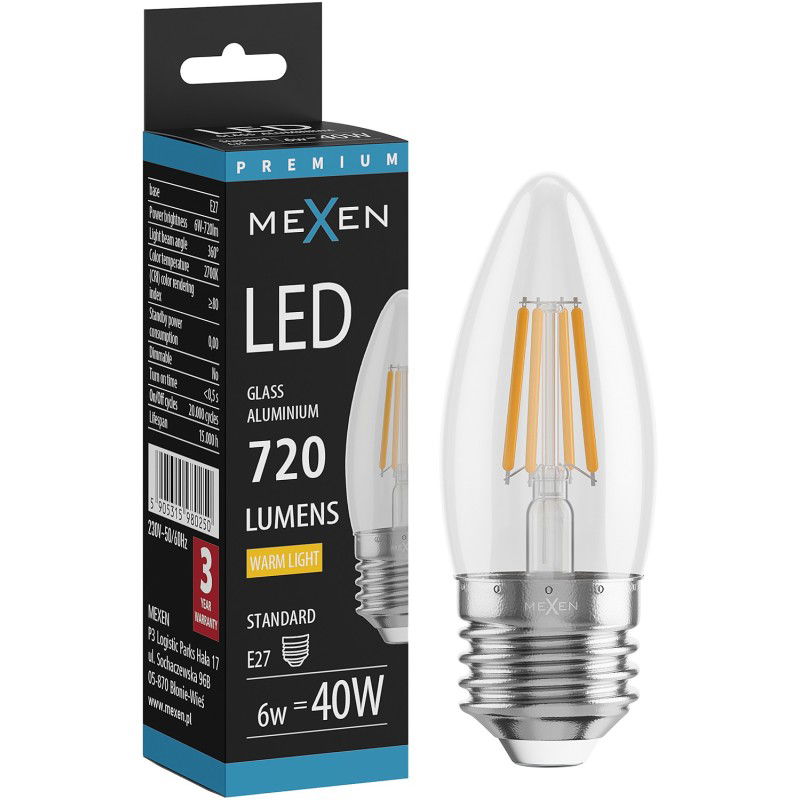 Mexen Vintis LED žárovka vlákno E27, C35, 6W, Teplá - 2700K, 720 lm, čirá - L154-E27-0627-00