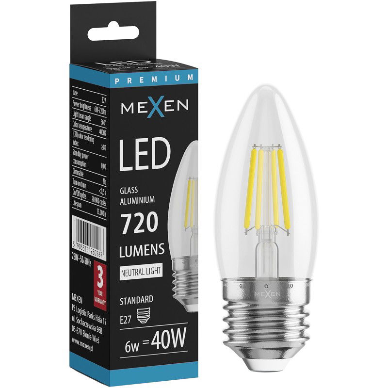 Mexen Vintis LED žárovka s filamentem E27, C35, 6W, Neutrální - 4000K, 720 lm, čirá - L154-E27-0640-00