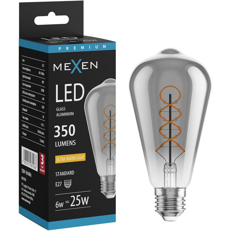 Mexen Vintis Žárovka filament spirála LED E27, ST64, 6W, Teplá - 2200K, 350 lm, smoke - L162-E27-0622-70