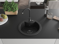 Mexen Diego granitový dřez 1-komorový 488 x 480 mm, černý, černý sifon - 6512481000-77-B