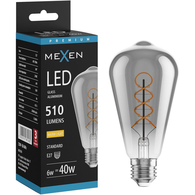 Mexen Vintis Žárovka filament spirála LED E27, ST64, 6W, Teplá - 2700K, 510 lm, kouřová - L162-E27-0627-70