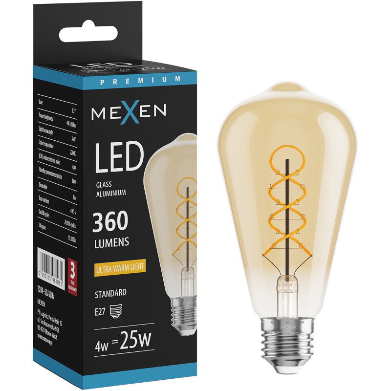 Mexen Vintis Žárovka filament spirála LED E27, ST64, 4W, Teplá - 2200K, 360 lm, jantarová - L162-E27-0422-50