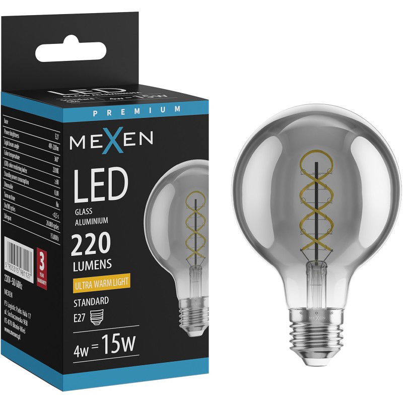Mexen Vintis LED filamentová žárovka spirála E27, G80, 4W, Teplá - 2200K, 220 lm, kouřová - L165-E27-0422-70