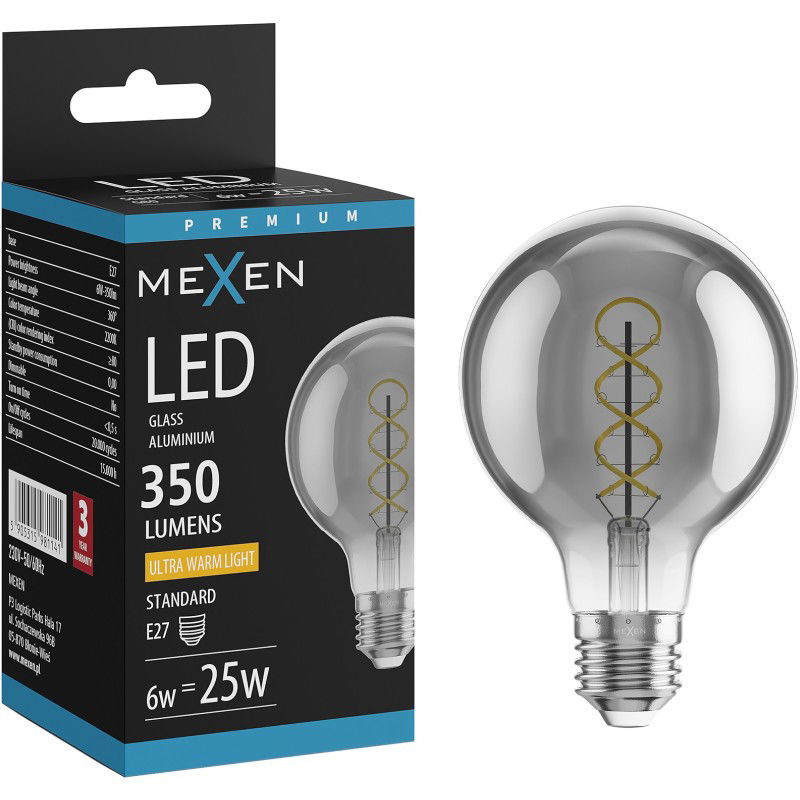 Mexen Vintis LED spirálová žárovka filament E27, G80, 6W, Teplá - 2200K, 350 lm, kouřová - L165-E27-0622-70
