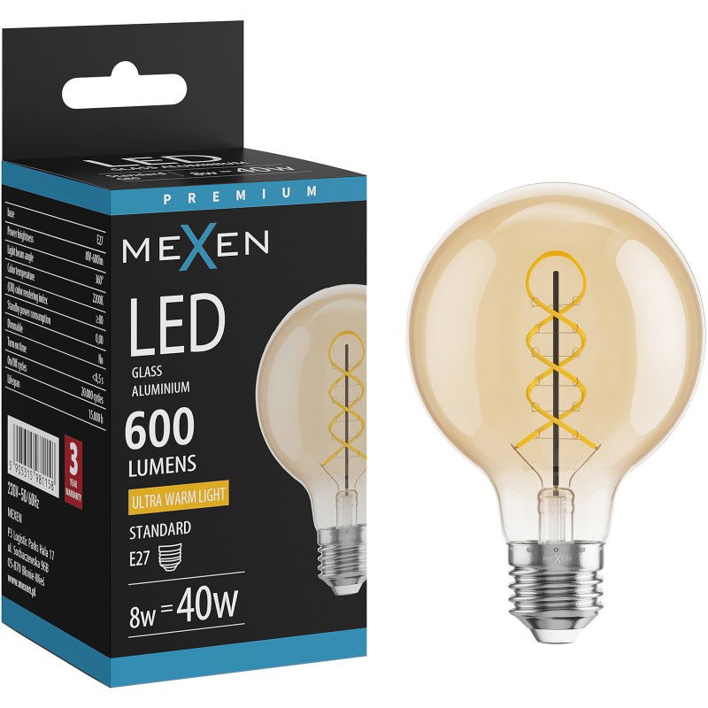 Mexen Vintis Žárovka filament spirála LED E27, G80, 8W, Teplá - 2200K, 600 lm, jantarová - L165-E27-0822-50