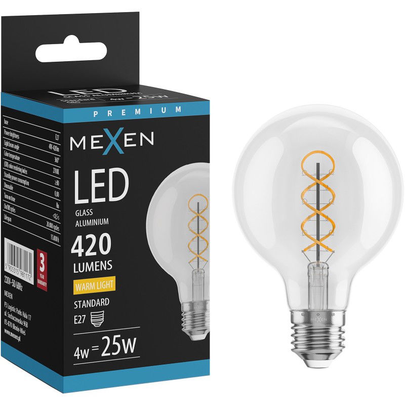 Mexen Vintis Žárovka filament spirála LED E27, G80, 4W, Teplá - 2700K, 420 lm, čirá - L165-E27-0427-00
