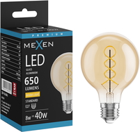Mexen Vintis LED žárovka s vláknem spirály E27, G80, 8W, Teplá - 2700K, 650 lm, jantarová - L165-E27-0827-50