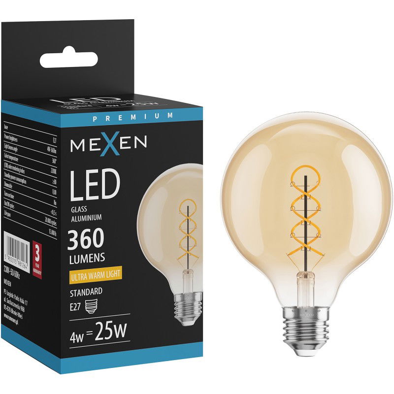 Mexen Vintis Žárovka filament spirála LED E27, G95, 4W, Teplá - 2200K, 360 lm, jantarová - L167-E27-0422-50