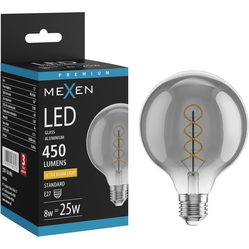Mexen Vintis LED žárovka filament spirála E27, G95, 8W, Teplá - 2200K, 450 lm, kouřová - L167-E27-0822-70