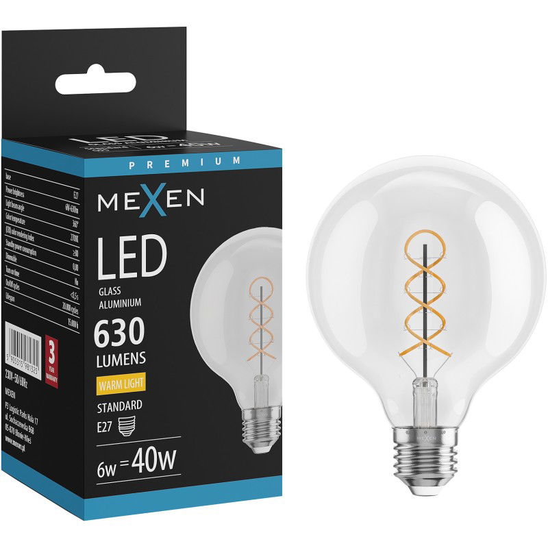 Mexen Vintis Žárovka filament spirála LED E27, G95, 6W, Teplá - 2700K, 630 lm, čirá - L167-E27-0627-00