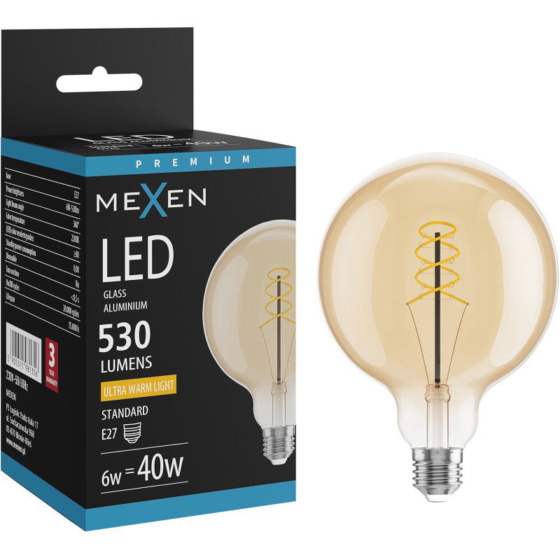 Mexen Vintis Žárovka filament spirála LED E27, G125, 6W, Teplá - 2200K, 530 lm, amber - L168-E27-0622-50