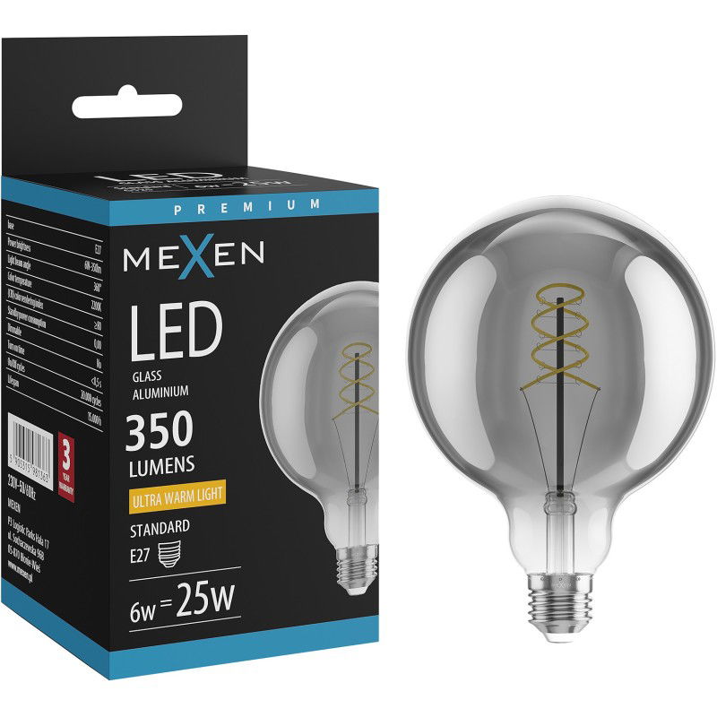 Mexen Vintis Žárovka filament spirála LED E27, G125, 6W, Teplá - 2200K, 350 lm, kouřová - L168-E27-0622-70