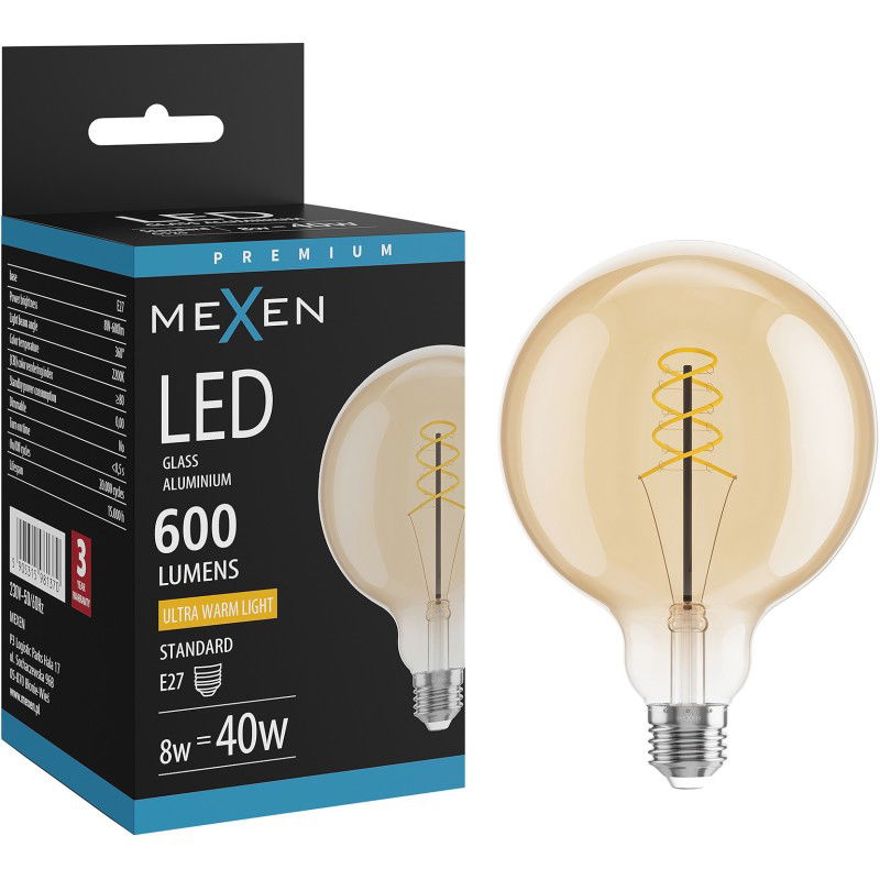 Mexen Vintis Žárovka filament spirála LED E27, G125, 8W, Teplá - 2200K, 600 lm, jantarová - L168-E27-0822-50