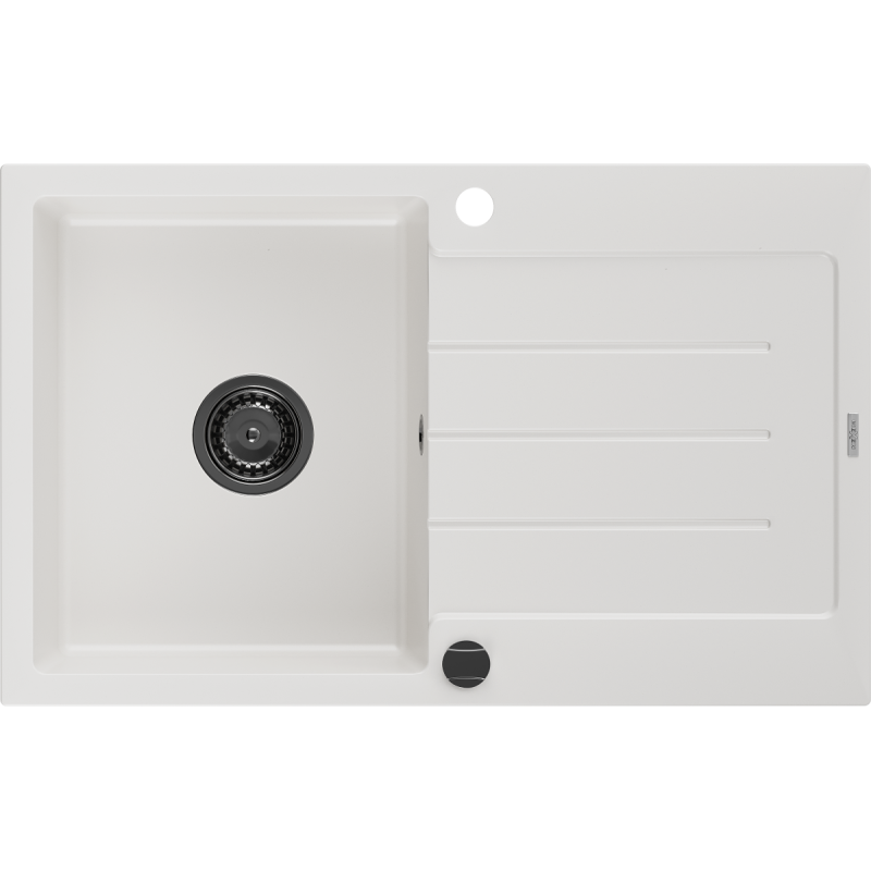 Mexen Bruno žulový dřez s odkapávačem 1-komorový 795 x 495 mm, bílý, černý sifon - 6513791010-20-B