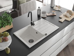 Mexen Bruno žulový dřez s odkapávačem 1-komorový 795 x 495 mm, bílý, černý sifon - 6513791010-20-B