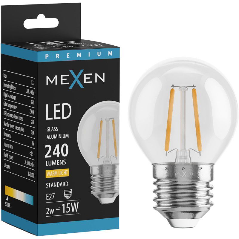 Mexen Vintis LED žárovka filament E27, G45, 2W, Teplá - 2700K, 240 lm, čirá - L156-E14-0227-00 - L156-E27-0227-00