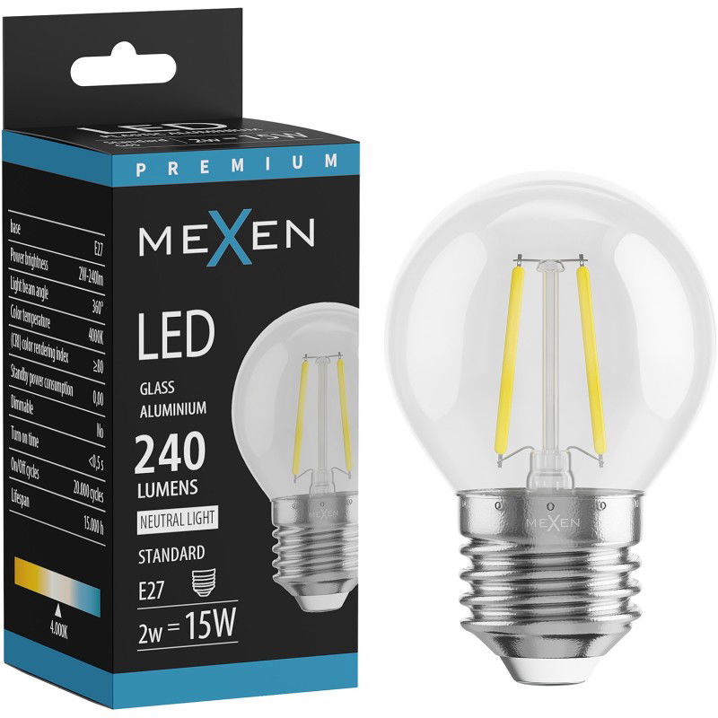 Mexen Vintis LED žárovka filament E27, G45, 2W, Neutrální - 4000K, 240 lm, čirá - L156-E14-0227-00 - L156-E27-0240-00