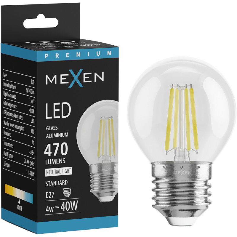 Mexen Vintis LED žárovka s vláknem E27, G45, 4W, Neutrální - 4000K, 470 lm, čirá - L156-E27-0427-00 - L156-E27-0440-00