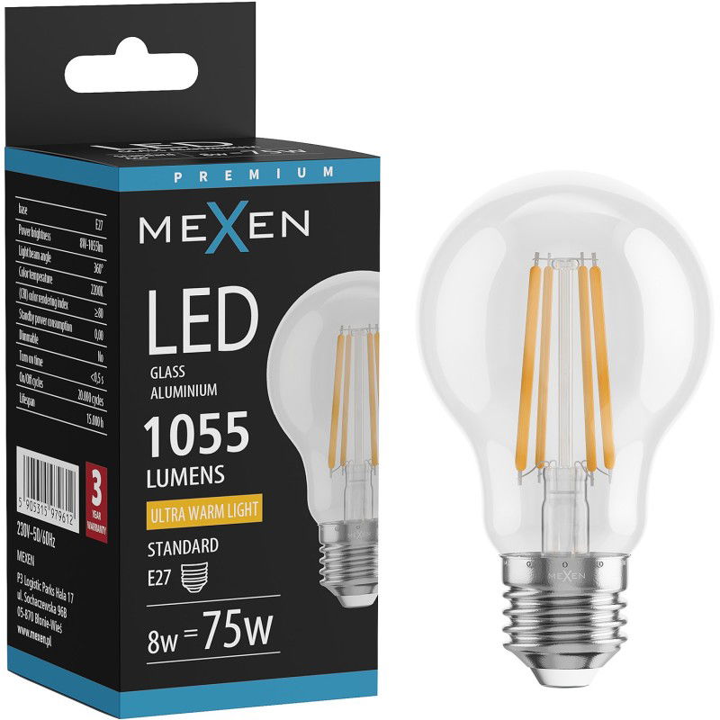 Mexen Vintis Žárovka filament LED E27, A60, 8W, Teplá - 2200K, 1055 lm, čirá - L150-E27-0822-00