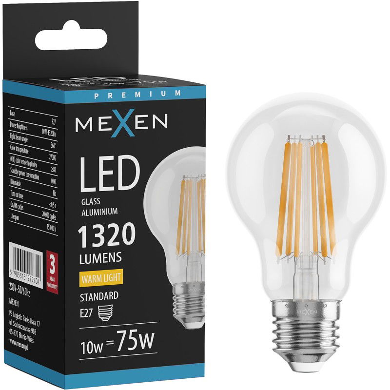 Mexen Vintis Filamentová LED žárovka E27, A60, 10W, Teplá - 2700K, 1320 lm, čirá - L150-E27-1027-00