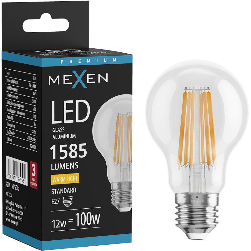 Mexen Vintis Žárovka filament LED E27, A60, 12W, Teplá - 2700K, 1585 lm, čirá - L150-E27-1227-00