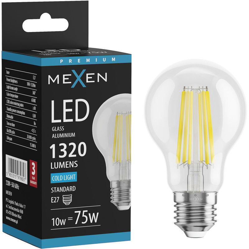 Mexen Vintis LED žárovka filament E27, A60, 10W, Studená - 6500K, 1320 lm, čirá - L150-E27-1065-00