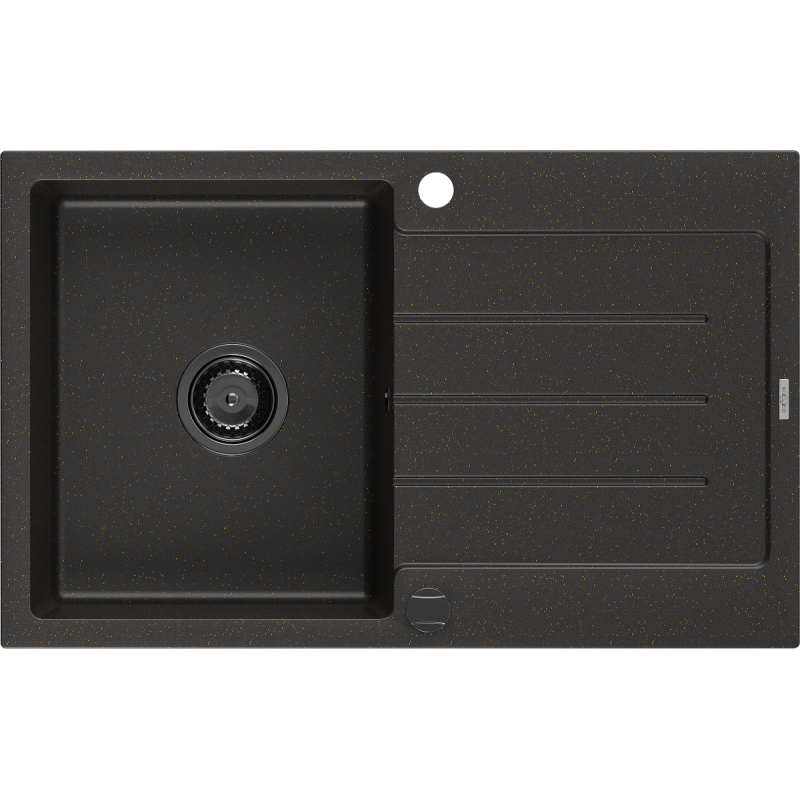 Mexen Bruno žulový dřez 1-komorový s odkapávačem 795 x 495 mm, černý/zlatý metalik, černý sifon - 6513791010-75-B