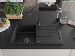 Mexen Bruno granitový dřez jednokomorový s odkapávačem 795 x 495 mm, černý, černý sifon - 6513791010-77-B