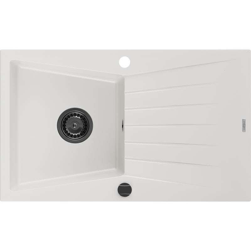 Mexen Cesar granitový dřez 1-komorový s odkapávačem 775 x 470 mm, bílý, černý sifon - 6514771010-20-B