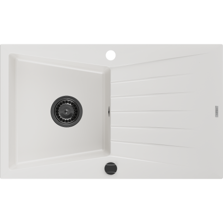 Mexen Cesar granitový dřez 1-komorový s odkapávačem 775 x 470 mm, bílý, černý sifon - 6514771010-20-B