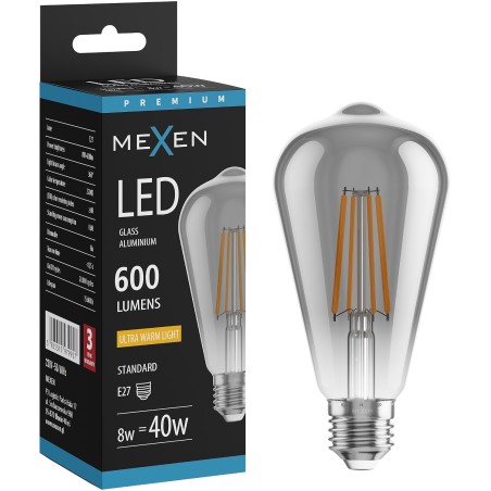 Mexen Vintis Žárovka filament LED E27, ST64, 8W, Teplá - 2200K, 600 lm, kouřová - L152-E27-0822-70