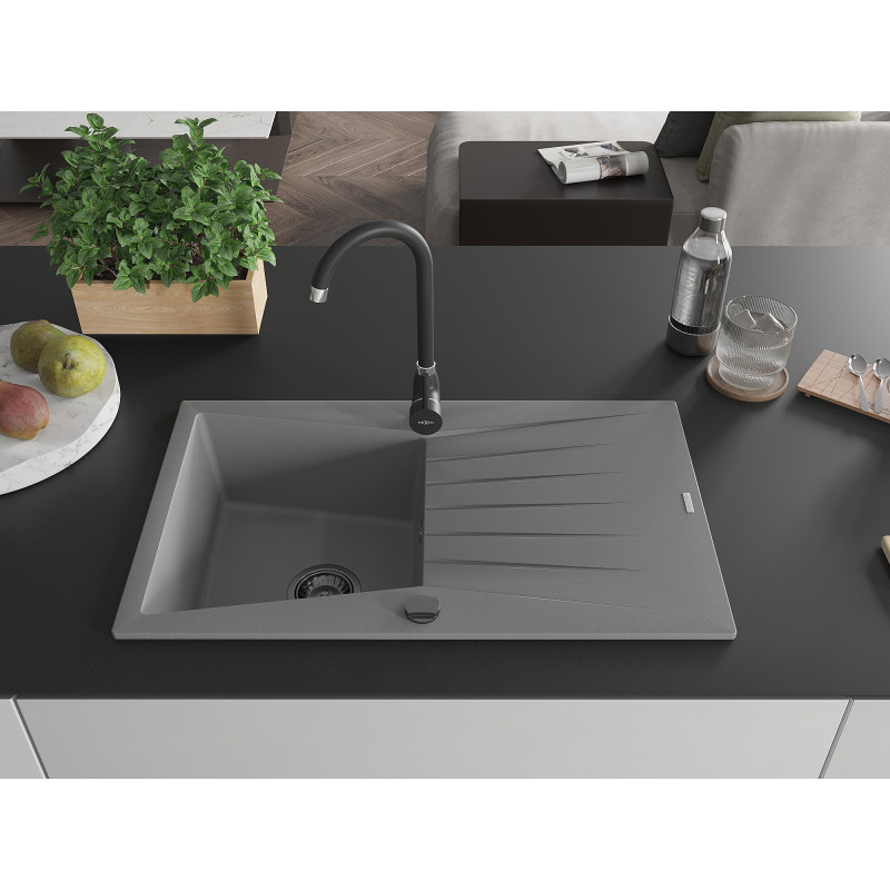 Mexen Cesar jednodřezový granitový dřez s odkapávačem 775 x 470 mm, šedý, černý sifon - 6514771010-71-B