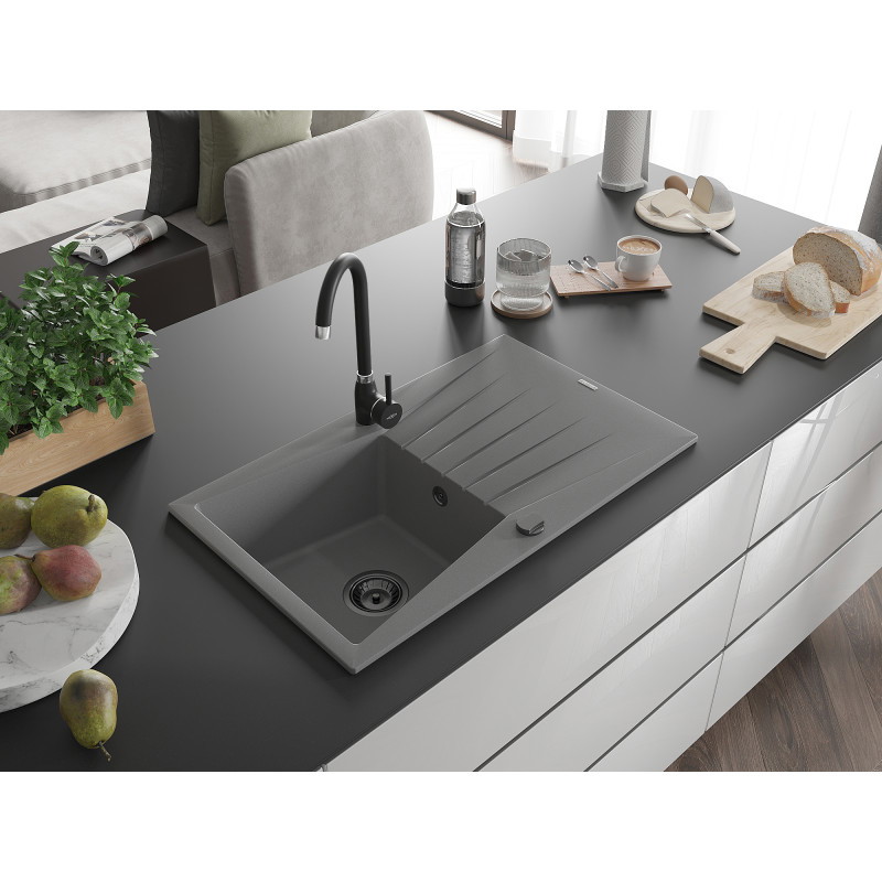 Mexen Cesar jednodřezový granitový dřez s odkapávačem 775 x 470 mm, šedý, černý sifon - 6514771010-71-B