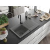 Mexen Cesar jednodřezový granitový dřez s odkapávačem 775 x 470 mm, šedý, černý sifon - 6514771010-71-B