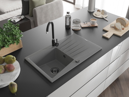 Mexen Cesar jednodřezový granitový dřez s odkapávačem 775 x 470 mm, šedý, černý sifon - 6514771010-71-B