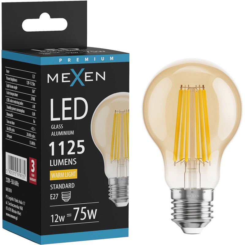 Mexen Vintis LED filamentová žárovka E27, A60, 12W, Teplá - 2700K, 1125 lm, jantarová - L150-E27-1227-50